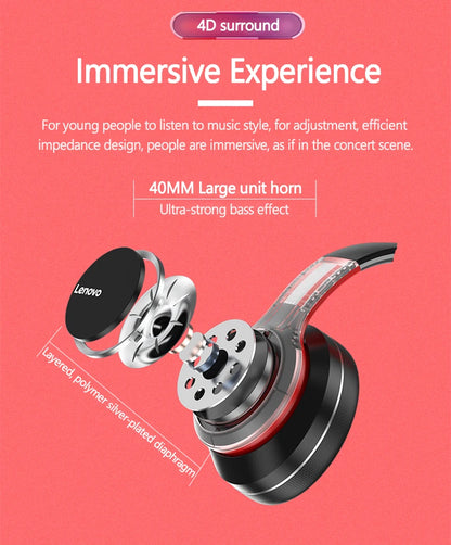 Cuffie Over-Ear Bluetooth Wireless Lenovo HD200 – Headset Gaming Stereo HiFi con Cancellazione del Rumore e Microfono