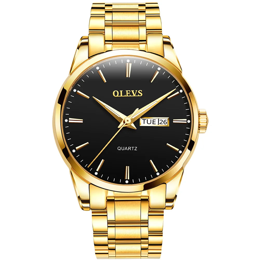 Relógio para homem OLEVS – Relógio de pulso de quartzo em aço inoxidável, estanque, dourado, elegante e luminoso, acessório de luxo para homem
