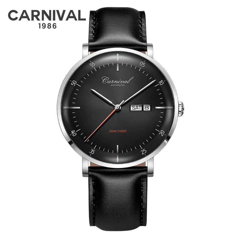 CARNIVAL High Quality MIYOTA Automatic Watch Curved Sapphire Mechanical Watches for Men Calendar Leather Waterproof Montre Homme