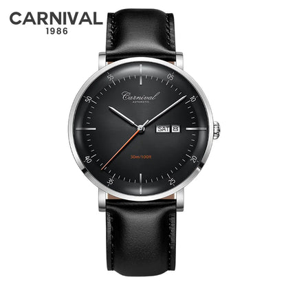 CARNIVAL High Quality MIYOTA Automatic Watch Curved Sapphire Mechanical Watches for Men Calendar Leather Waterproof Montre Homme