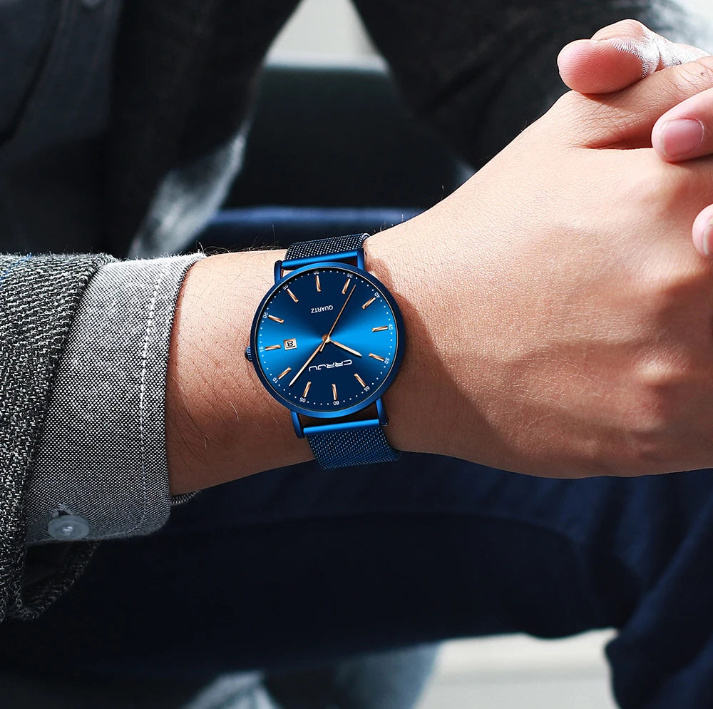 Relógio de quartzo para homem CRRJU – Modelo de luxo, à prova de água, mostrador azul, design fino e elegante, com indicação da data, bracelete em malha metálica, estilo desportivo e descontraído