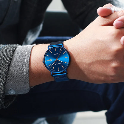 Relógio de quartzo para homem CRRJU – Modelo de luxo, à prova de água, mostrador azul, design fino e elegante, com indicação da data, bracelete em malha metálica, estilo desportivo e descontraído
