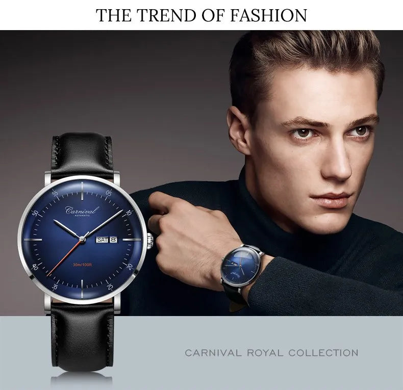 CARNIVAL High Quality MIYOTA Automatic Watch Curved Sapphire Mechanical Watches for Men Calendar Leather Waterproof Montre Homme