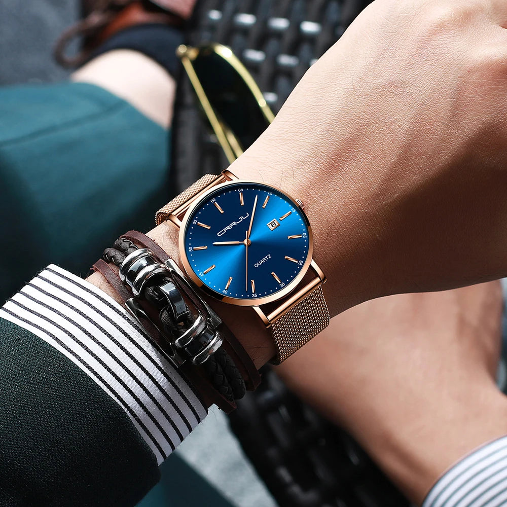 Relógio de quartzo para homem CRRJU – Modelo de luxo, à prova de água, mostrador azul, design fino e elegante, com indicação da data, bracelete em malha metálica, estilo desportivo e descontraído