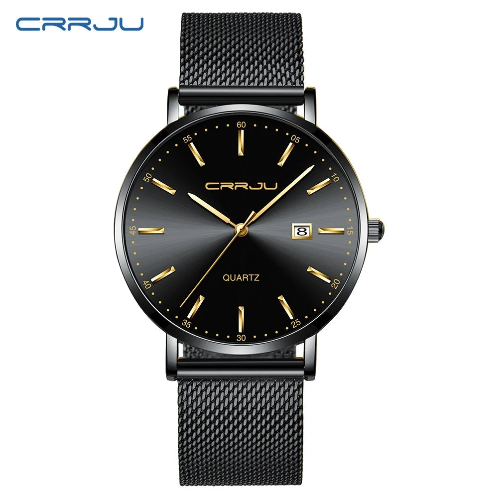 Relógio de quartzo para homem CRRJU – Modelo de luxo, à prova de água, mostrador azul, design fino e elegante, com indicação da data, bracelete em malha metálica, estilo desportivo e descontraído