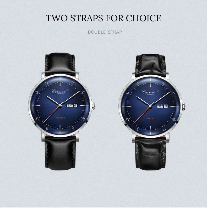 CARNIVAL High Quality MIYOTA Automatic Watch Curved Sapphire Mechanical Watches for Men Calendar Leather Waterproof Montre Homme
