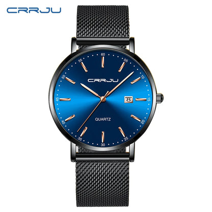 Relógio de quartzo para homem CRRJU – Modelo de luxo, à prova de água, mostrador azul, design fino e elegante, com indicação da data, bracelete em malha metálica, estilo desportivo e descontraído