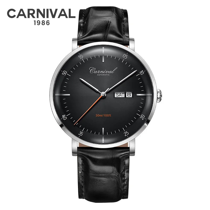 CARNIVAL High Quality MIYOTA Automatic Watch Curved Sapphire Mechanical Watches for Men Calendar Leather Waterproof Montre Homme