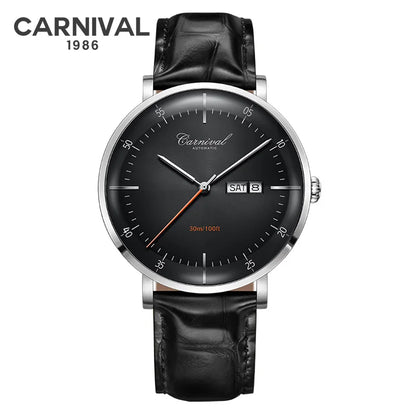 CARNIVAL High Quality MIYOTA Automatic Watch Curved Sapphire Mechanical Watches for Men Calendar Leather Waterproof Montre Homme