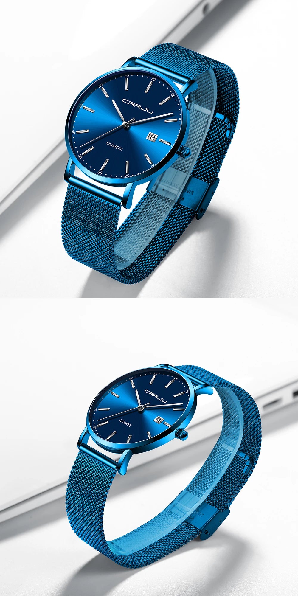 Relógio de quartzo para homem CRRJU – Modelo de luxo, à prova de água, mostrador azul, design fino e elegante, com indicação da data, bracelete em malha metálica, estilo desportivo e descontraído
