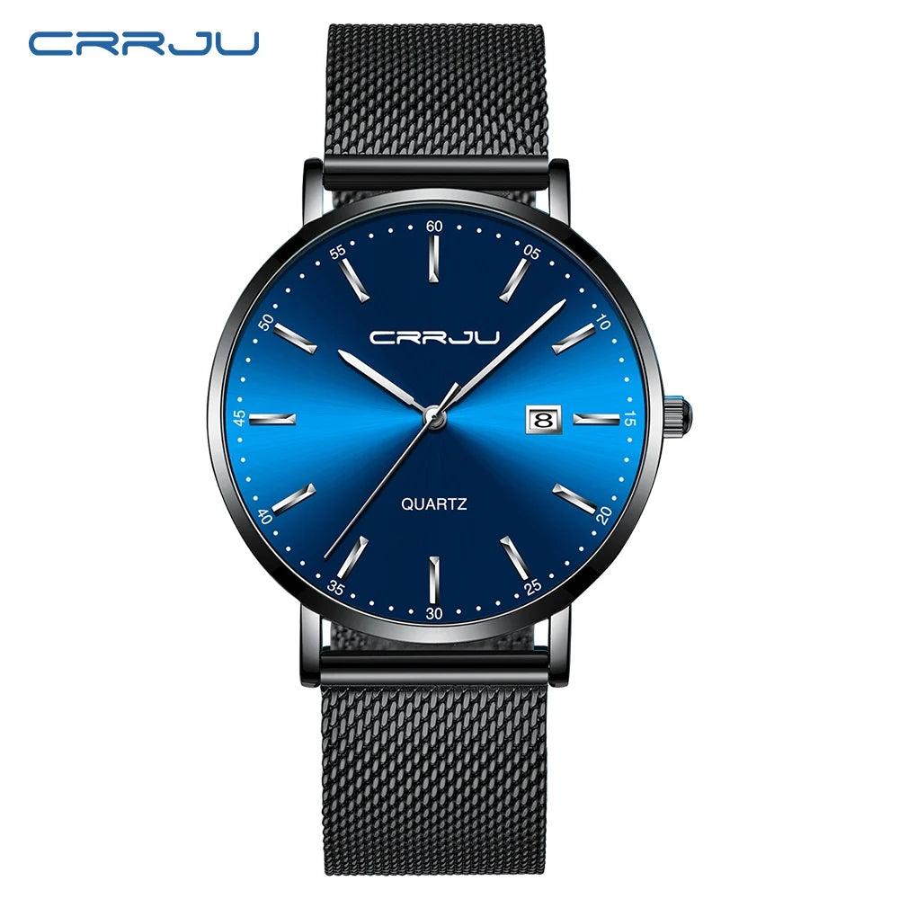 Relógio de quartzo para homem CRRJU – Modelo de luxo, à prova de água, mostrador azul, design fino e elegante, com indicação da data, bracelete em malha metálica, estilo desportivo e descontraído