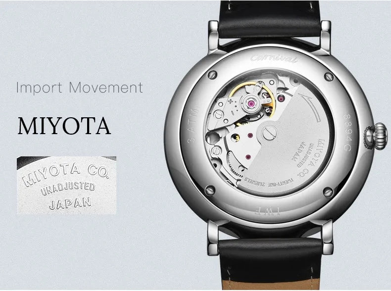 CARNIVAL High Quality MIYOTA Automatic Watch Curved Sapphire Mechanical Watches for Men Calendar Leather Waterproof Montre Homme