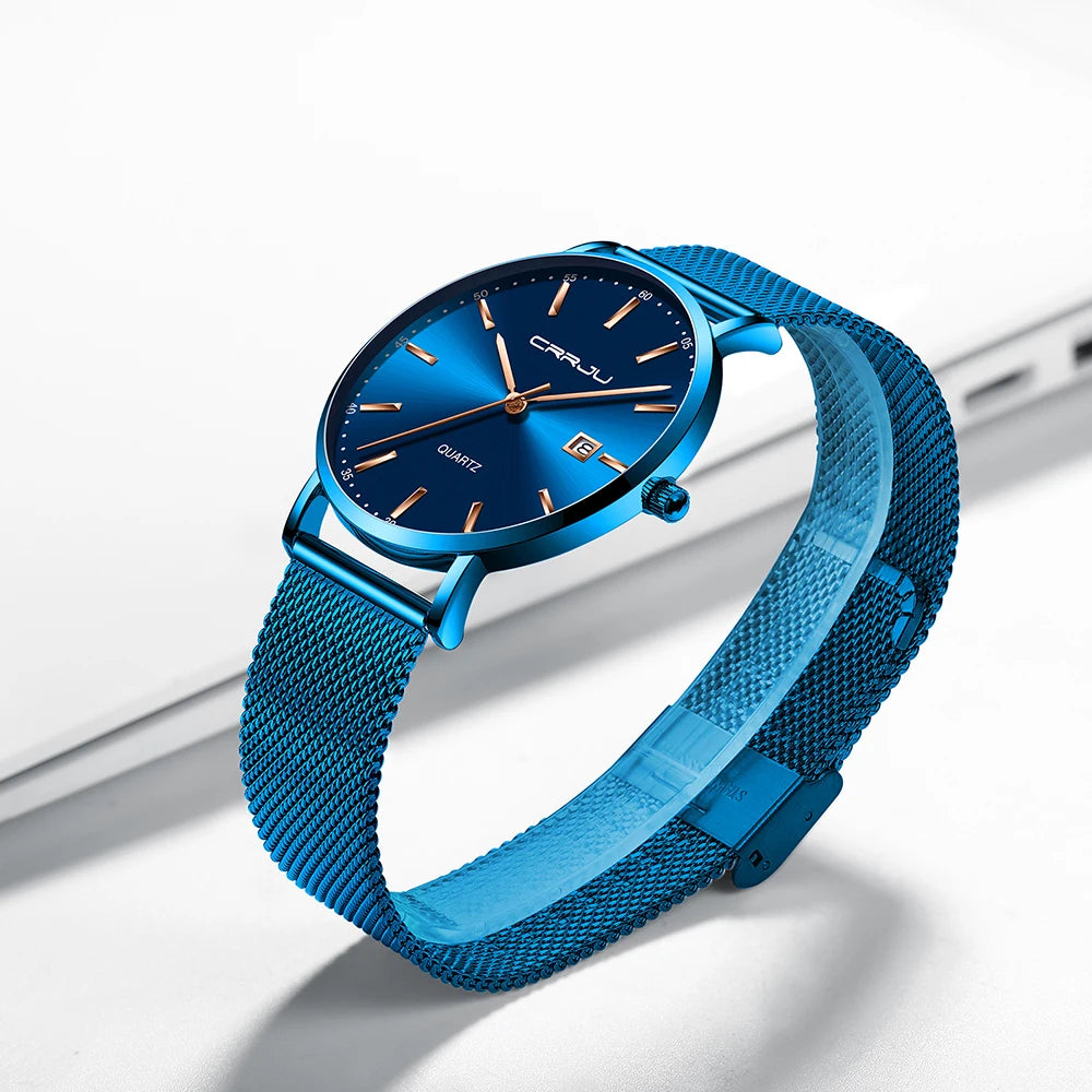 Relógio de quartzo para homem CRRJU – Modelo de luxo, à prova de água, mostrador azul, design fino e elegante, com indicação da data, bracelete em malha metálica, estilo desportivo e descontraído