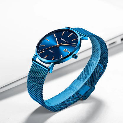 Relógio de quartzo para homem CRRJU – Modelo de luxo, à prova de água, mostrador azul, design fino e elegante, com indicação da data, bracelete em malha metálica, estilo desportivo e descontraído