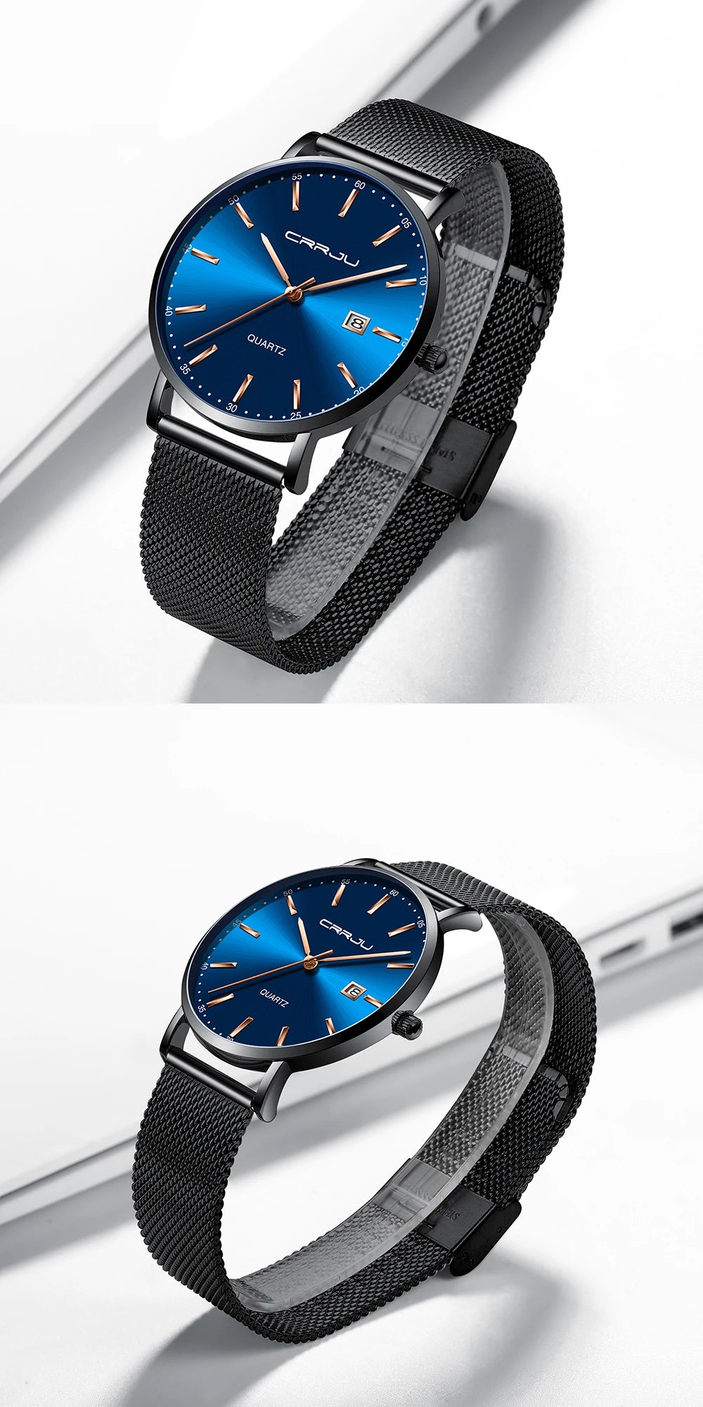 Relógio de quartzo para homem CRRJU – Modelo de luxo, à prova de água, mostrador azul, design fino e elegante, com indicação da data, bracelete em malha metálica, estilo desportivo e descontraído