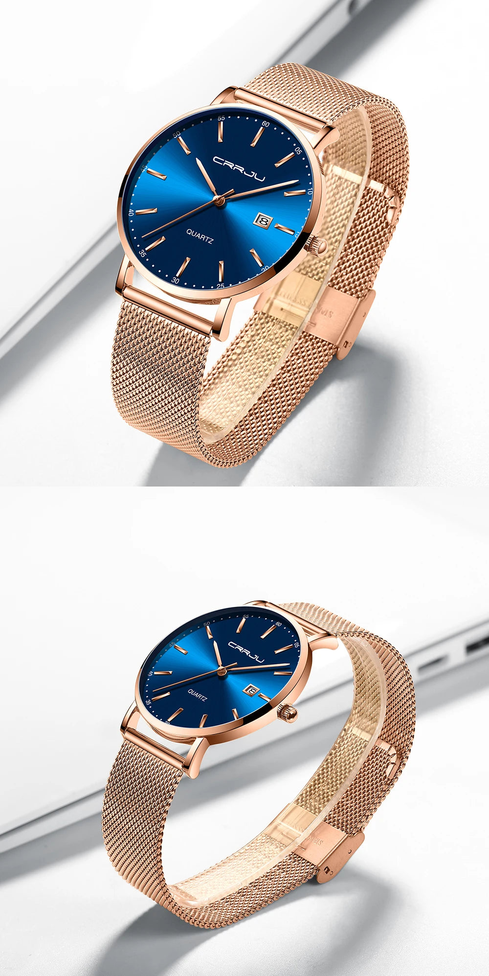 Relógio de quartzo para homem CRRJU – Modelo de luxo, à prova de água, mostrador azul, design fino e elegante, com indicação da data, bracelete em malha metálica, estilo desportivo e descontraído