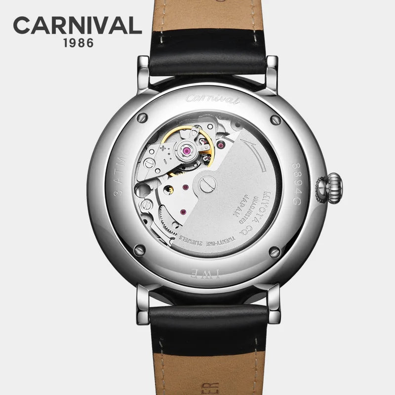 CARNIVAL High Quality MIYOTA Automatic Watch Curved Sapphire Mechanical Watches for Men Calendar Leather Waterproof Montre Homme