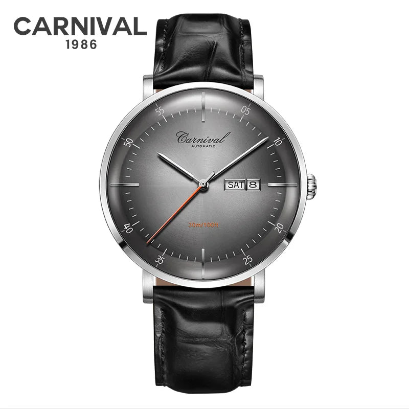 CARNIVAL High Quality MIYOTA Automatic Watch Curved Sapphire Mechanical Watches for Men Calendar Leather Waterproof Montre Homme