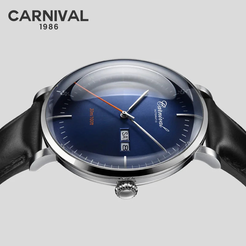 CARNIVAL High Quality MIYOTA Automatic Watch Curved Sapphire Mechanical Watches for Men Calendar Leather Waterproof Montre Homme