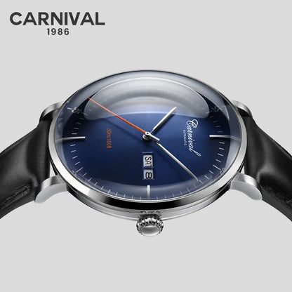 CARNIVAL High Quality MIYOTA Automatic Watch Curved Sapphire Mechanical Watches for Men Calendar Leather Waterproof Montre Homme