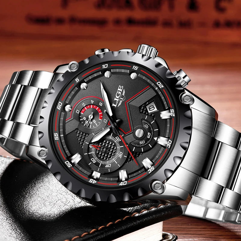 Relógio de homem LIGE – Relógio de quartzo moderno, marca de luxo, totalmente em aço, estilo profissional, resistente à água e desportivo – Entregue com caixa