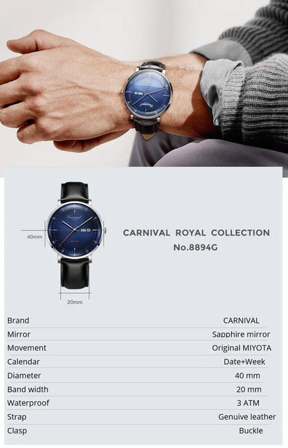 CARNIVAL High Quality MIYOTA Automatic Watch Curved Sapphire Mechanical Watches for Men Calendar Leather Waterproof Montre Homme