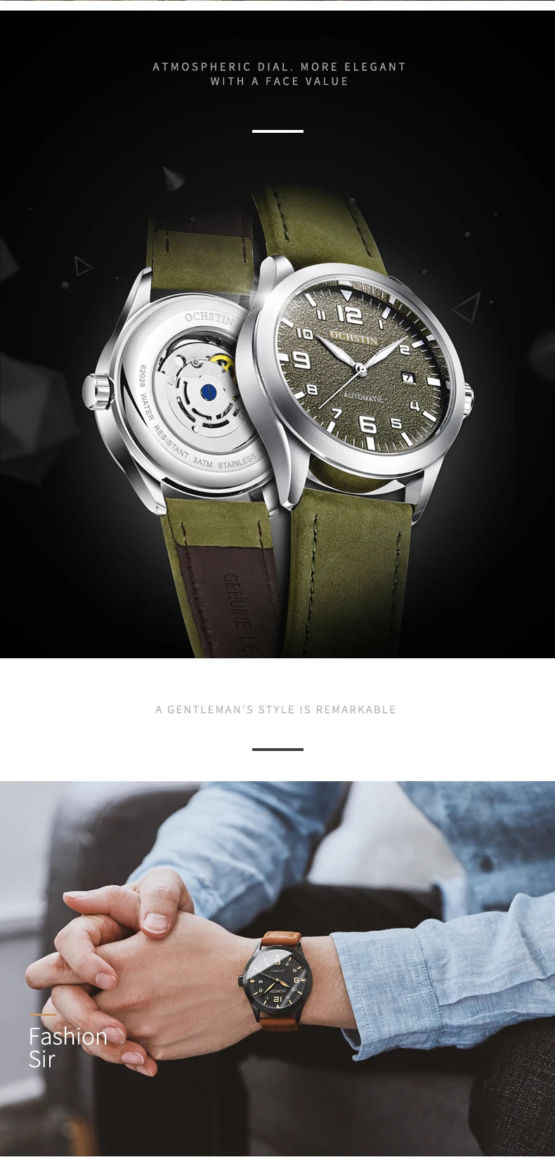 OCHSTIN Man Mechanical Pilot Wrist Watches Luxury Self Wind Leather Mechanic Male Clock Auto Date Relogio Masculino Gift for Men