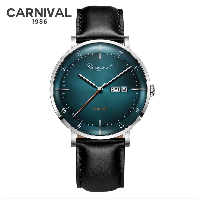 CARNIVAL High Quality MIYOTA Automatic Watch Curved Sapphire Mechanical Watches for Men Calendar Leather Waterproof Montre Homme