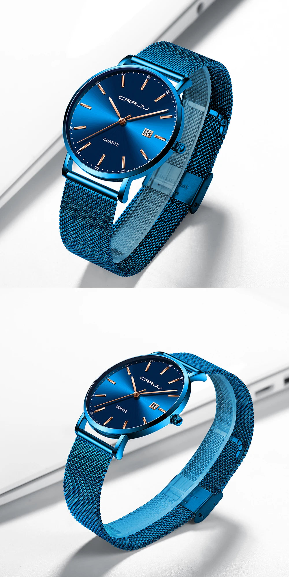 Relógio de quartzo para homem CRRJU – Modelo de luxo, à prova de água, mostrador azul, design fino e elegante, com indicação da data, bracelete em malha metálica, estilo desportivo e descontraído