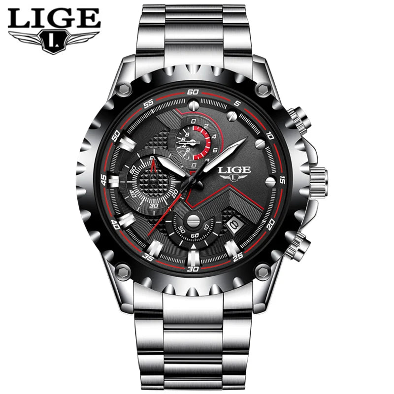 Relógio de homem LIGE – Relógio de quartzo moderno, marca de luxo, totalmente em aço, estilo profissional, resistente à água e desportivo – Entregue com caixa