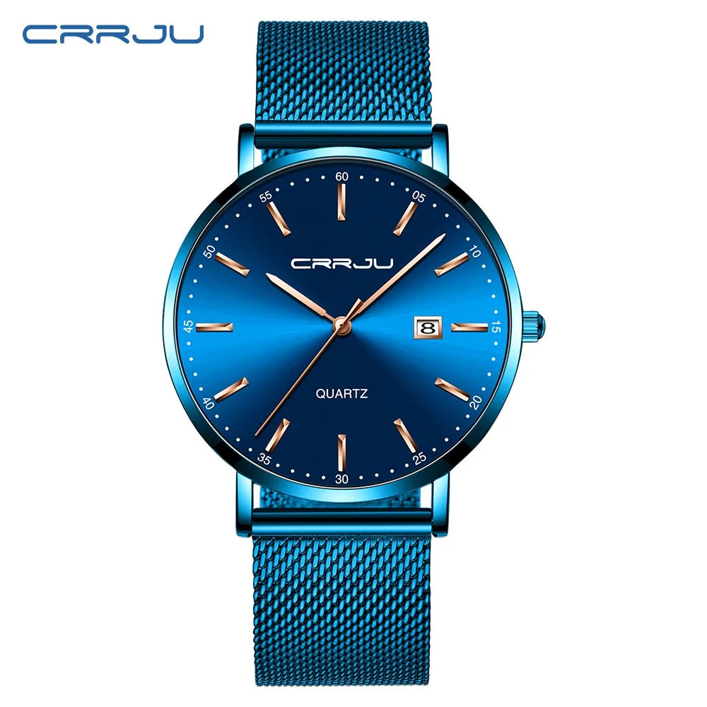 Relógio de quartzo para homem CRRJU – Modelo de luxo, à prova de água, mostrador azul, design fino e elegante, com indicação da data, bracelete em malha metálica, estilo desportivo e descontraído