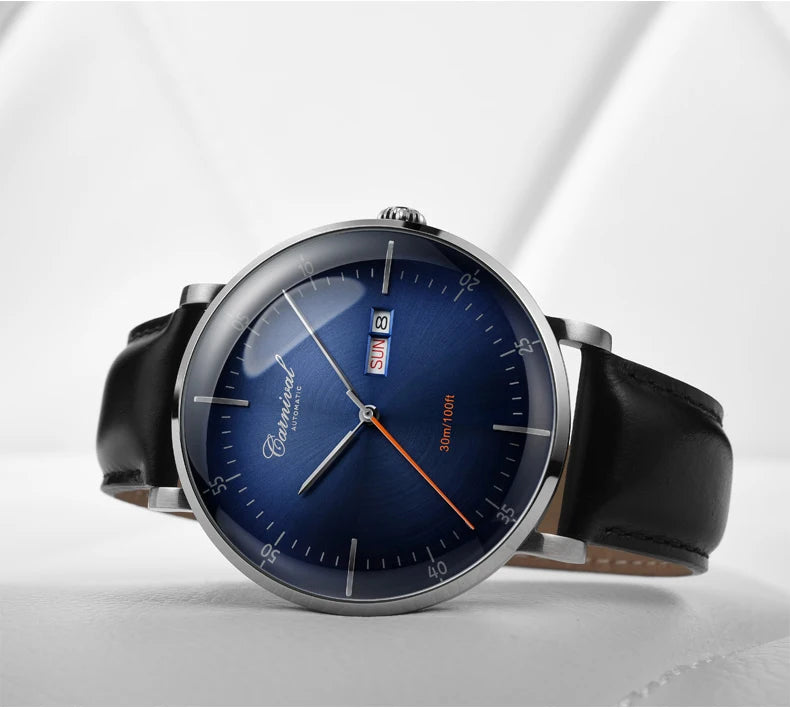 CARNIVAL High Quality MIYOTA Automatic Watch Curved Sapphire Mechanical Watches for Men Calendar Leather Waterproof Montre Homme