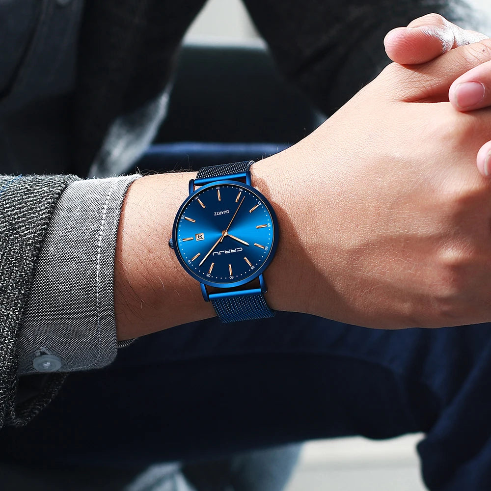 Relógio de quartzo para homem CRRJU – Modelo de luxo, à prova de água, mostrador azul, design fino e elegante, com indicação da data, bracelete em malha metálica, estilo desportivo e descontraído