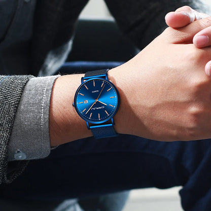 Relógio de quartzo para homem CRRJU – Modelo de luxo, à prova de água, mostrador azul, design fino e elegante, com indicação da data, bracelete em malha metálica, estilo desportivo e descontraído