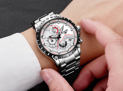Relógio de homem LIGE – Relógio de quartzo moderno, marca de luxo, totalmente em aço, estilo profissional, resistente à água e desportivo – Entregue com caixa