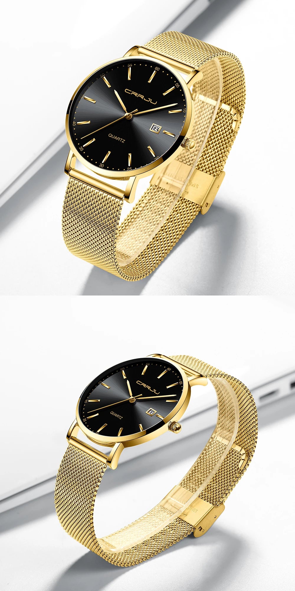Relógio de quartzo para homem CRRJU – Modelo de luxo, à prova de água, mostrador azul, design fino e elegante, com indicação da data, bracelete em malha metálica, estilo desportivo e descontraído