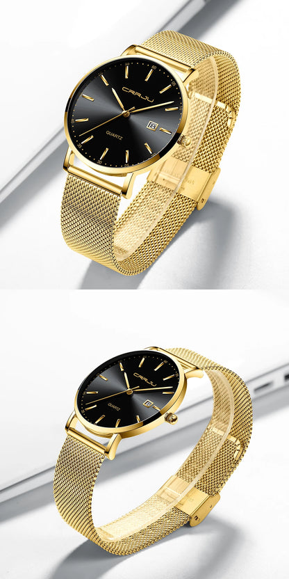 Relógio de quartzo para homem CRRJU – Modelo de luxo, à prova de água, mostrador azul, design fino e elegante, com indicação da data, bracelete em malha metálica, estilo desportivo e descontraído