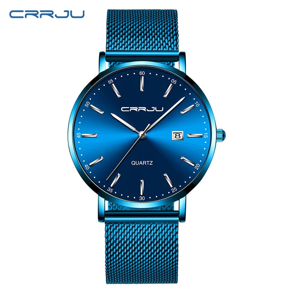 Relógio de quartzo para homem CRRJU – Modelo de luxo, à prova de água, mostrador azul, design fino e elegante, com indicação da data, bracelete em malha metálica, estilo desportivo e descontraído