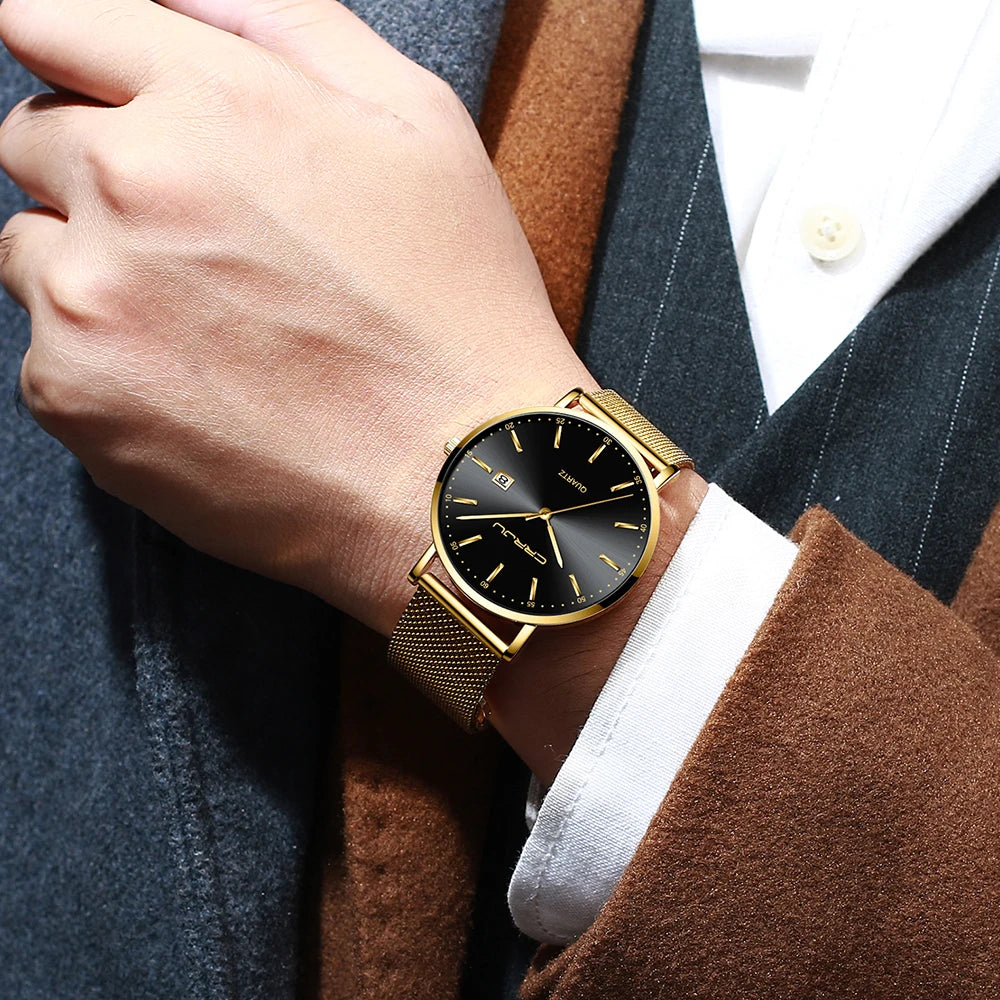 Relógio de quartzo para homem CRRJU – Modelo de luxo, à prova de água, mostrador azul, design fino e elegante, com indicação da data, bracelete em malha metálica, estilo desportivo e descontraído