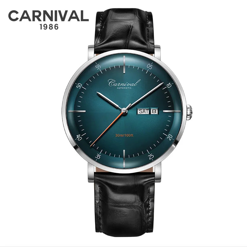 CARNIVAL High Quality MIYOTA Automatic Watch Curved Sapphire Mechanical Watches for Men Calendar Leather Waterproof Montre Homme
