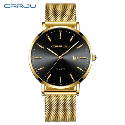 Relógio de quartzo para homem CRRJU – Modelo de luxo, à prova de água, mostrador azul, design fino e elegante, com indicação da data, bracelete em malha metálica, estilo desportivo e descontraído