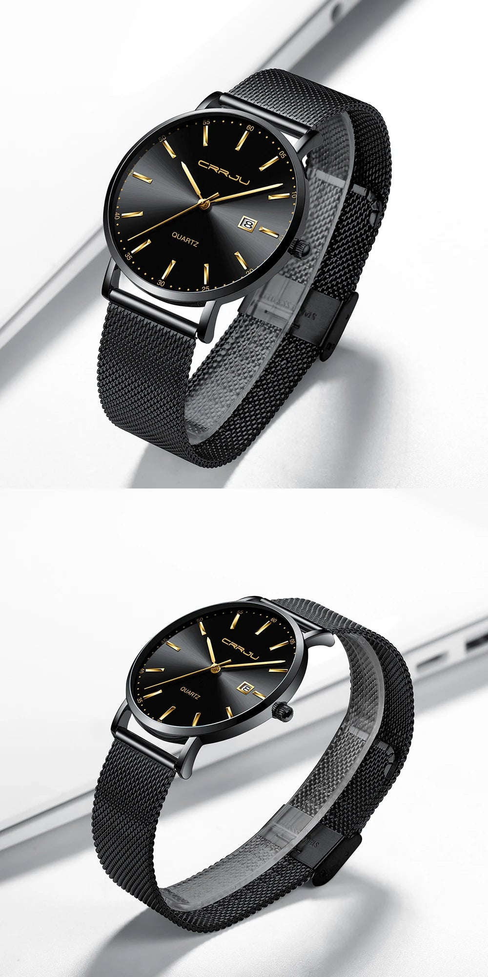Relógio de quartzo para homem CRRJU – Modelo de luxo, à prova de água, mostrador azul, design fino e elegante, com indicação da data, bracelete em malha metálica, estilo desportivo e descontraído