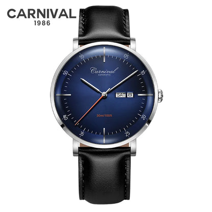 CARNIVAL High Quality MIYOTA Automatic Watch Curved Sapphire Mechanical Watches for Men Calendar Leather Waterproof Montre Homme