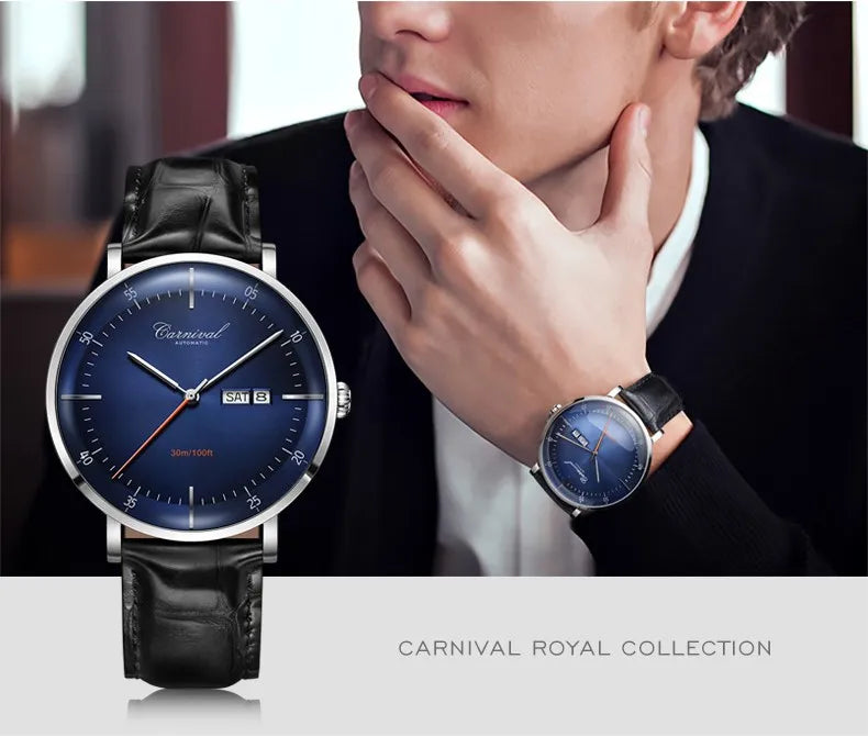 CARNIVAL High Quality MIYOTA Automatic Watch Curved Sapphire Mechanical Watches for Men Calendar Leather Waterproof Montre Homme