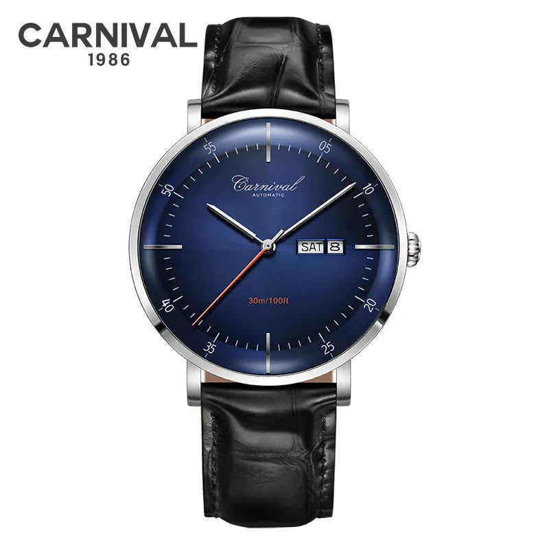 CARNIVAL High Quality MIYOTA Automatic Watch Curved Sapphire Mechanical Watches for Men Calendar Leather Waterproof Montre Homme