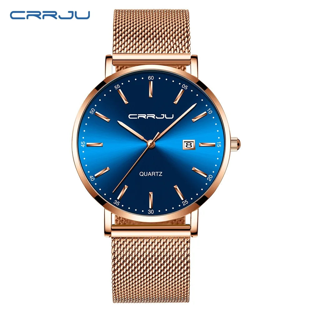 Relógio de quartzo para homem CRRJU – Modelo de luxo, à prova de água, mostrador azul, design fino e elegante, com indicação da data, bracelete em malha metálica, estilo desportivo e descontraído