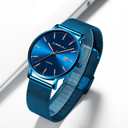Relógio de quartzo para homem CRRJU – Modelo de luxo, à prova de água, mostrador azul, design fino e elegante, com indicação da data, bracelete em malha metálica, estilo desportivo e descontraído