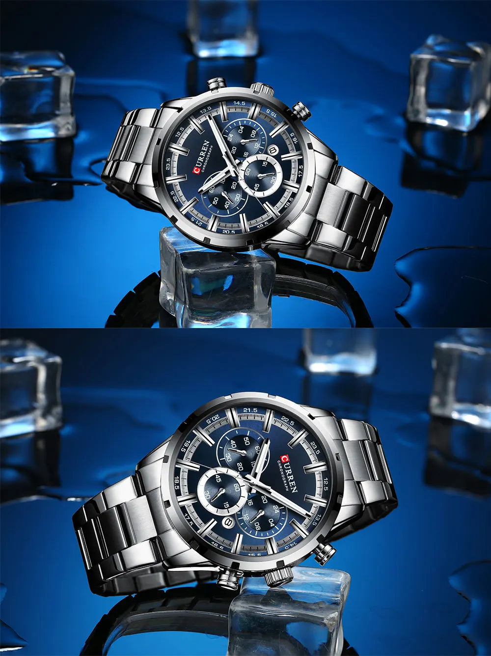 Orologio da uomo Curren con quadrante blu, cinturino in acciaio inox, data, stile business, impermeabile, orologio di lusso da polso per uomo