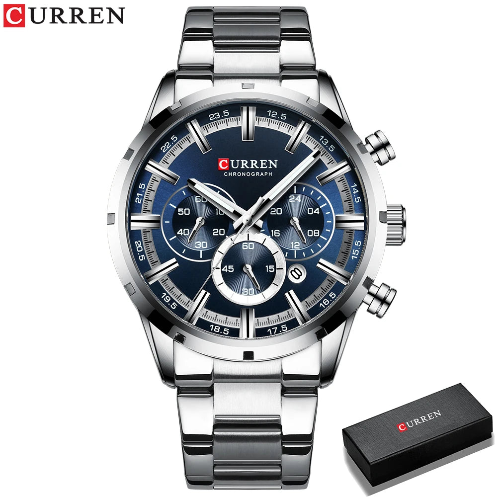 Orologio da uomo Curren con quadrante blu, cinturino in acciaio inox, data, stile business, impermeabile, orologio di lusso da polso per uomo
