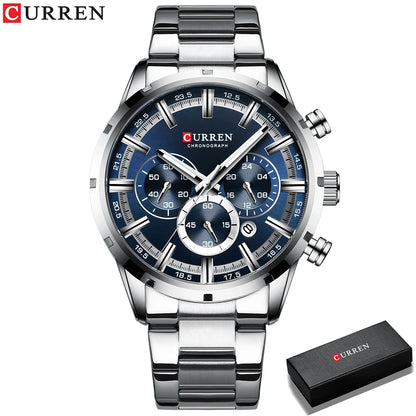 Orologio da uomo Curren con quadrante blu, cinturino in acciaio inox, data, stile business, impermeabile, orologio di lusso da polso per uomo